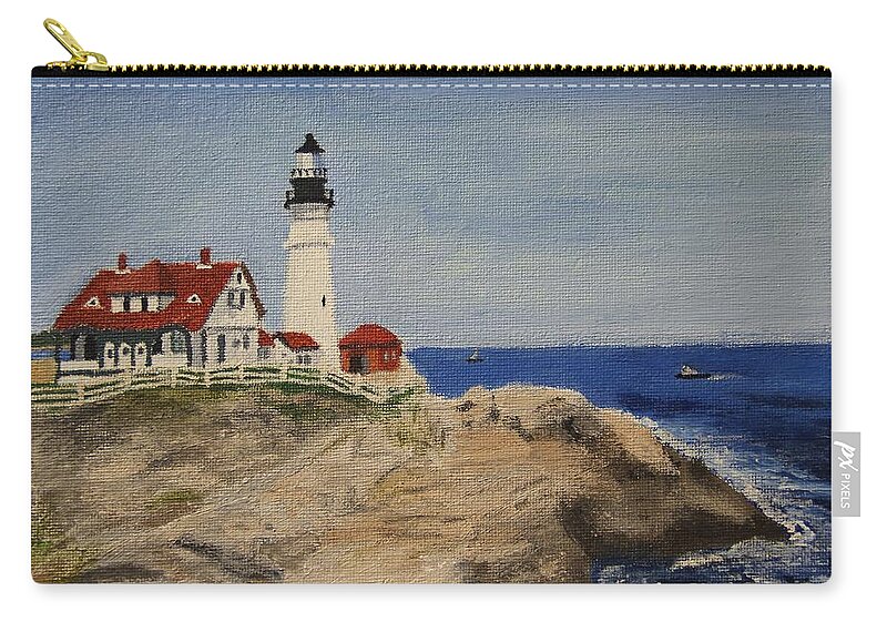 Lighthouse Zip Pouch featuring the painting Portland Head Lighthouse in Maine by Marina McLain