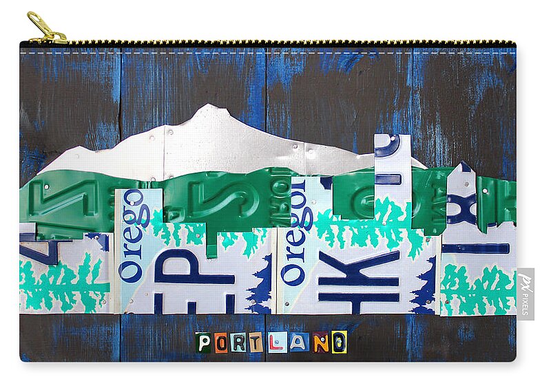 License Plate Map Zip Pouch featuring the mixed media Portland Oregon Skyline License Plate Art by Design Turnpike