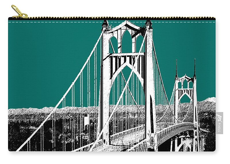 Architecture Carry-all Pouch featuring the digital art Portland Skyline St. Johns Bridge - Sea Green by DB Artist