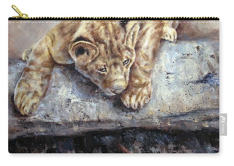 Lion Cub Zip Pouch featuring the painting Pounce by Mary McCullah