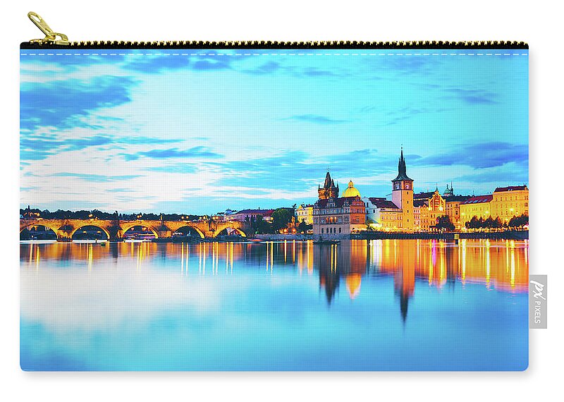Scenics Zip Pouch featuring the photograph Prague Skyline At Twilight by Moreiso