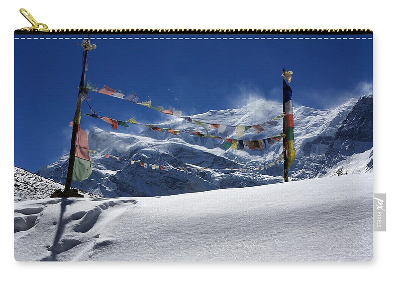 Himalayas Zip Pouch featuring the photograph Prayer Flags At The Pass by Aidan Moran