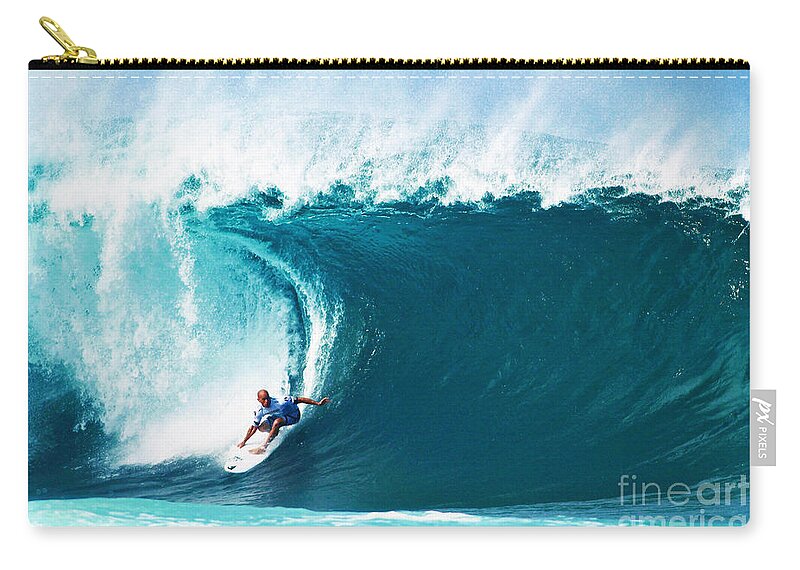 Kelly Slater Zip Pouch featuring the photograph Pro Surfer Kelly Slater Surfing in the Pipeline Masters Contest by Paul Topp
