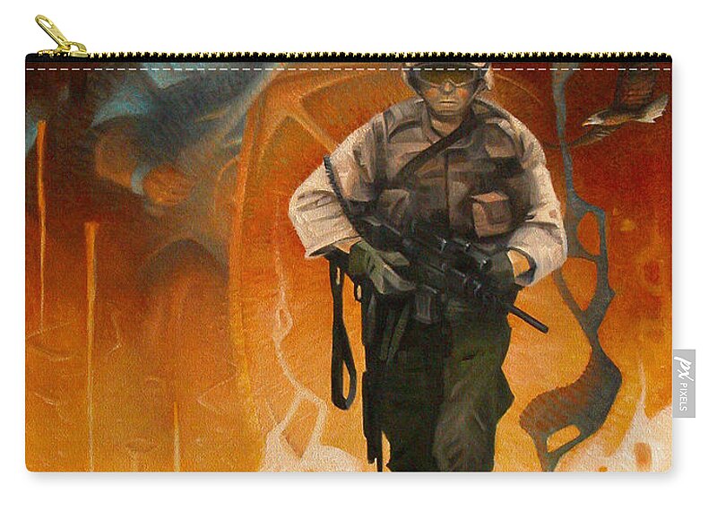 Military Zip Pouch featuring the painting Protected By A Wall Of Fire by T S Carson