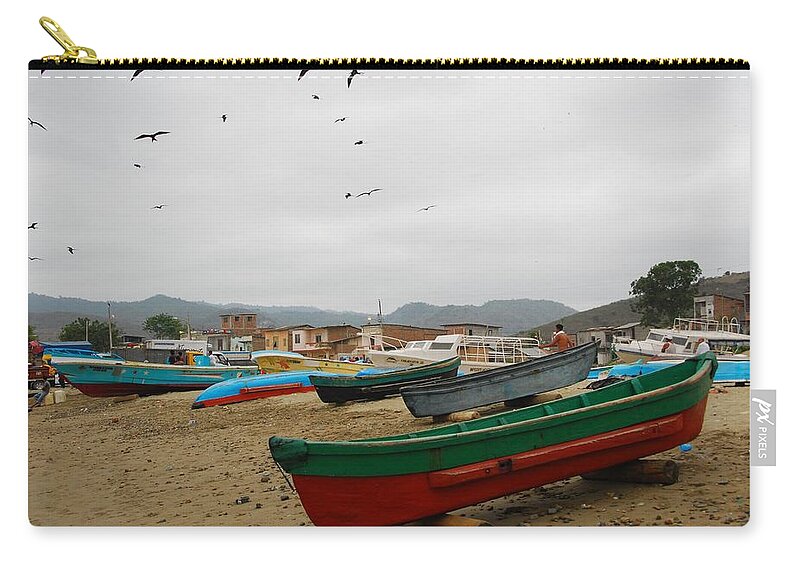 Beach Zip Pouch featuring the photograph Puerto Lopez Beach and Boats by Cascade Colors