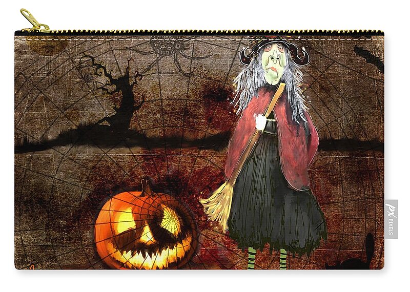 Halloween Carry-all Pouch featuring the painting Pumpkinella The Magical Good Witch and Her Magical Cat by Colleen Taylor