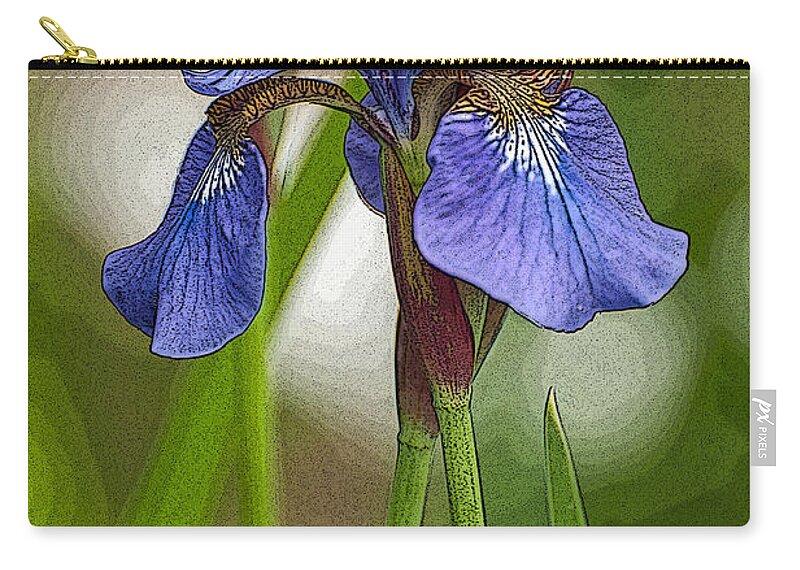 Bearded Iris Zip Pouch featuring the photograph Purple Bearded Iris Watercolor with Pen by Brenda Jacobs