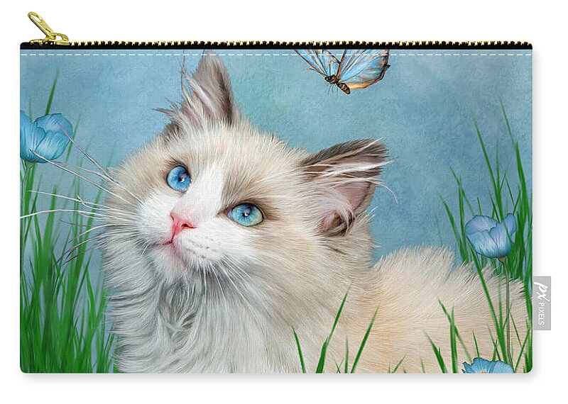 Kitty Zip Pouch featuring the mixed media Ragdoll Kitty And Butterflies by Carol Cavalaris