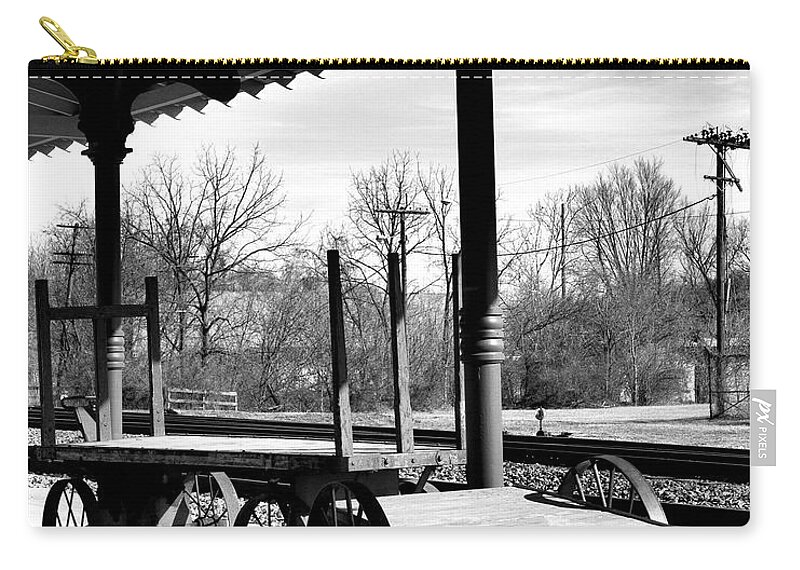 Bristol Zip Pouch featuring the photograph Railroad wagons in black and white by Denise Beverly