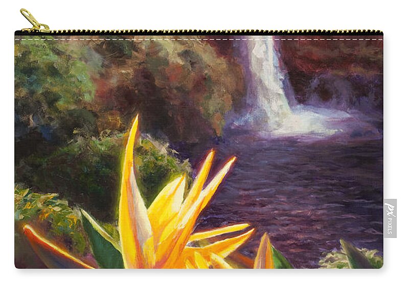 Art Zip Pouch featuring the painting Rainbow Falls Big Island Hawaii Waterfall by K Whitworth