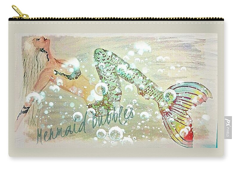 Rainbow Mermaid Zip Pouch featuring the mixed media Rainbow Mermaid Bubbles by Pamela Smale Williams