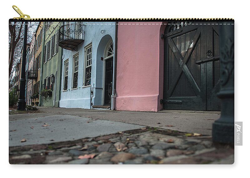 Rainbow Row Zip Pouch featuring the photograph Rainbow Row Cobblestone by Dale Powell