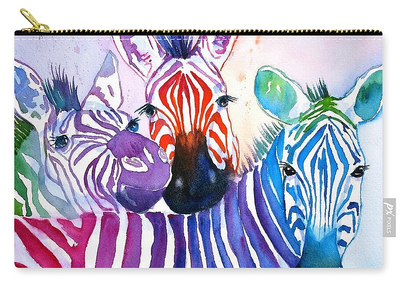Zebra Zip Pouch featuring the painting Rainbow Zebra's by Carlin Blahnik CarlinArtWatercolor