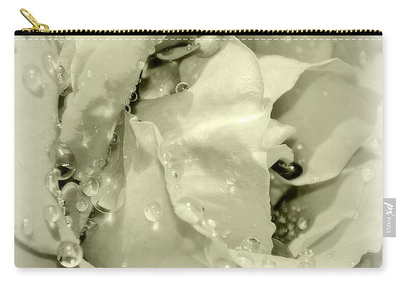 Rain Zip Pouch featuring the photograph Raindrops On White Rose by KATIE Vigil