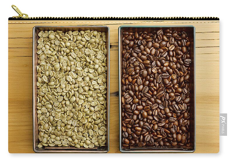 Large Group Of Objects Zip Pouch featuring the photograph Raw Vs Roasted Coffee Beans In Trays by Jeffrey Coolidge