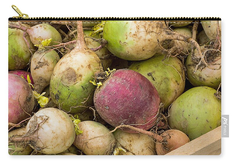 Red Zip Pouch featuring the photograph Red and Green Radishes by Photographic Arts And Design Studio