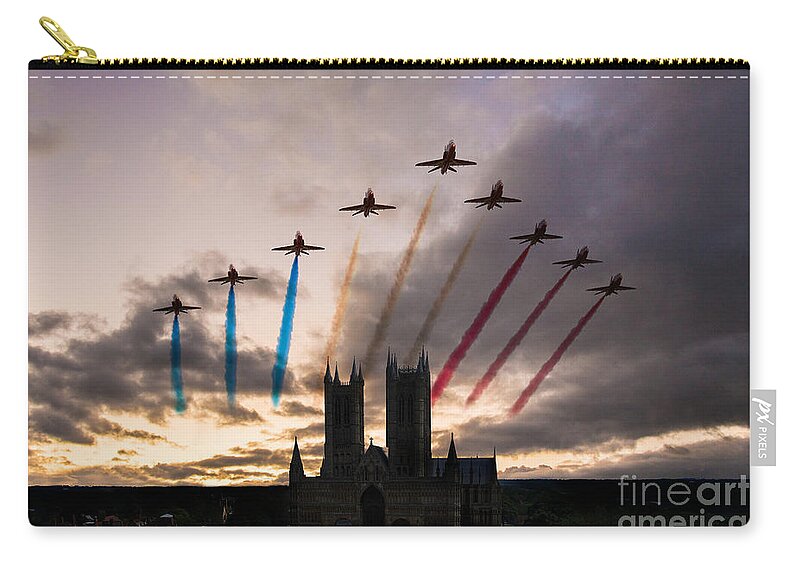The Red Arrows Raf Zip Pouch featuring the digital art Red Arrows over Lincoln Cathedral by Airpower Art