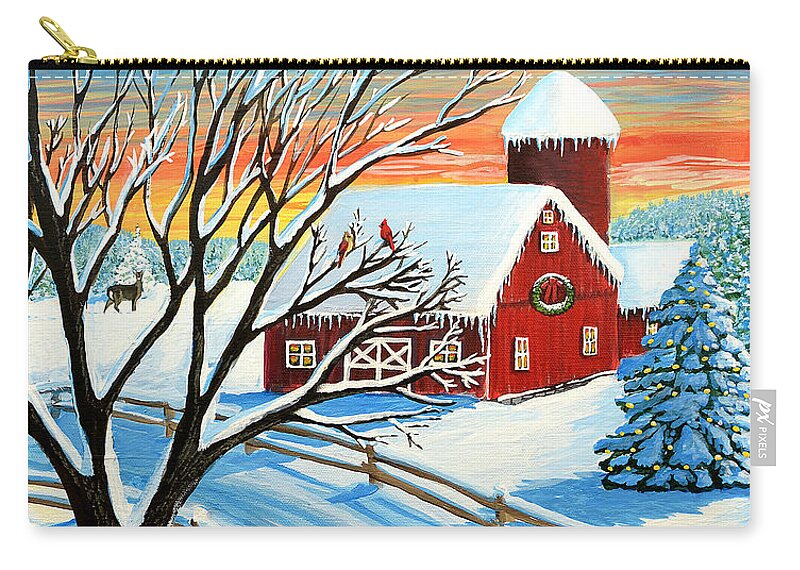 Red Barn Zip Pouch featuring the painting Red Barn In Winter by Pat Davidson