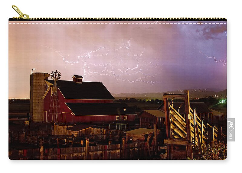 Lightning Zip Pouch featuring the photograph Red Barn On The Farm and Lightning Thunderstorm by James BO Insogna