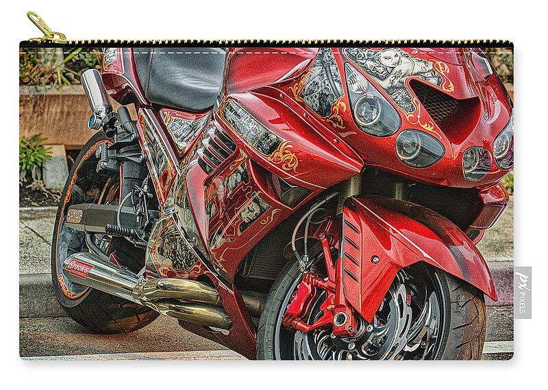 Motorcycle Speed Power Sport Bike Motorbike Motor Transportation Race Engine Wheel Vehicle Biker Competition Illustration Helmet Vector Road Extreme Fast Rider Cycle Drive Fun Black Car Transport Freedom Motorsport Ride Zip Pouch featuring the photograph Red Bike by John Swartz