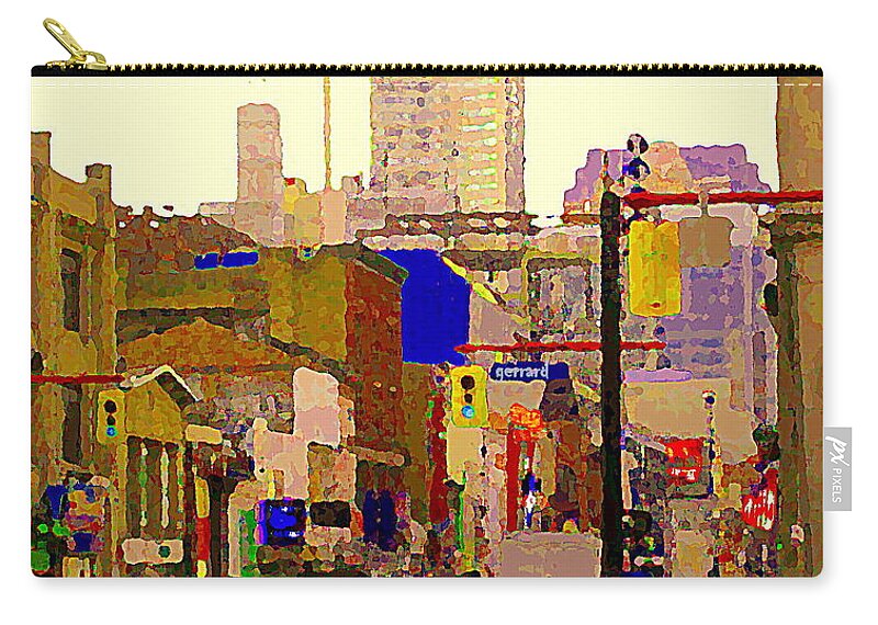 Toronto Zip Pouch featuring the painting Red Cab On Gerrard Chinatown Morning Toronto City Scape Paintings Canadian Urban Art Carole Spandau by Carole Spandau