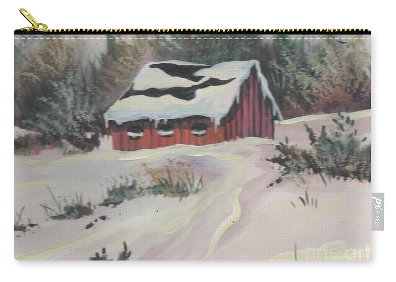 Landscape Zip Pouch featuring the painting Red Cabin in Snow by Joan Clear