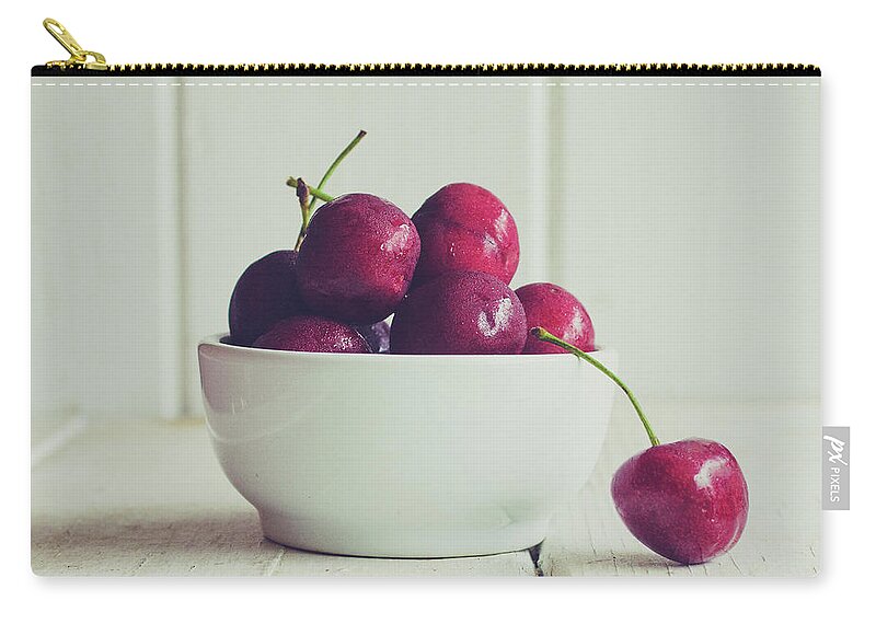 Cherry Zip Pouch featuring the photograph Red Cherries In White Bowl by Danielle Donders