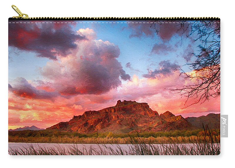 Mesa Zip Pouch featuring the painting Red Mountain Sunset by John Haldane