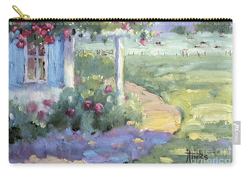 Impressionist Zip Pouch featuring the painting Red Roses over Blue Shutters by Joyce Hicks