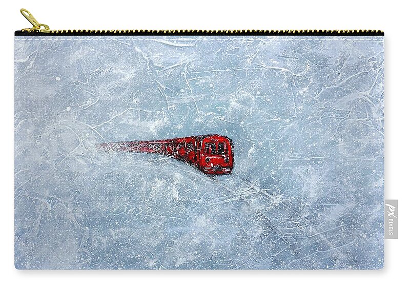 Train Zip Pouch featuring the painting Red Train braving the Winter by Cristina Stefan