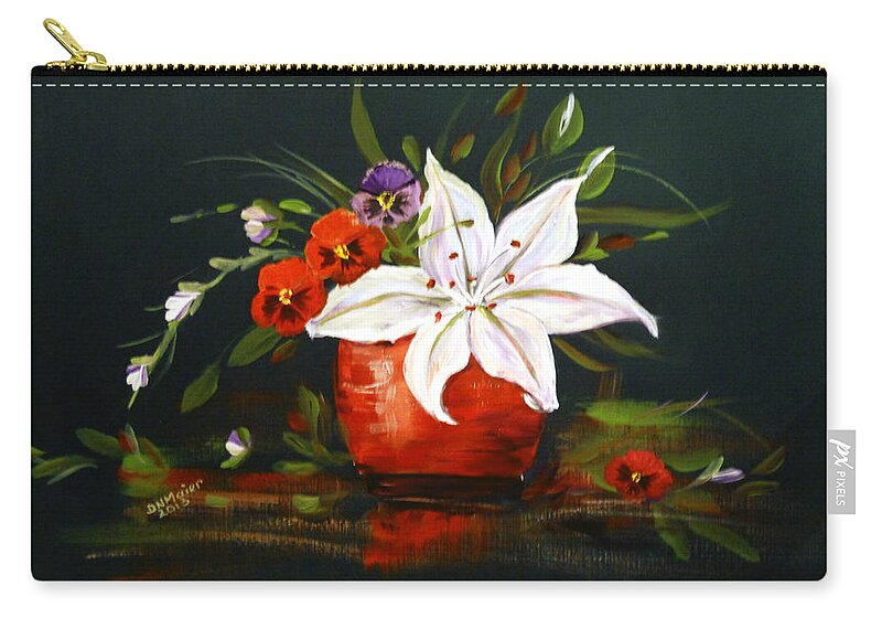 Flowers Zip Pouch featuring the painting Red Vase with Lily and Pansies by Dorothy Maier