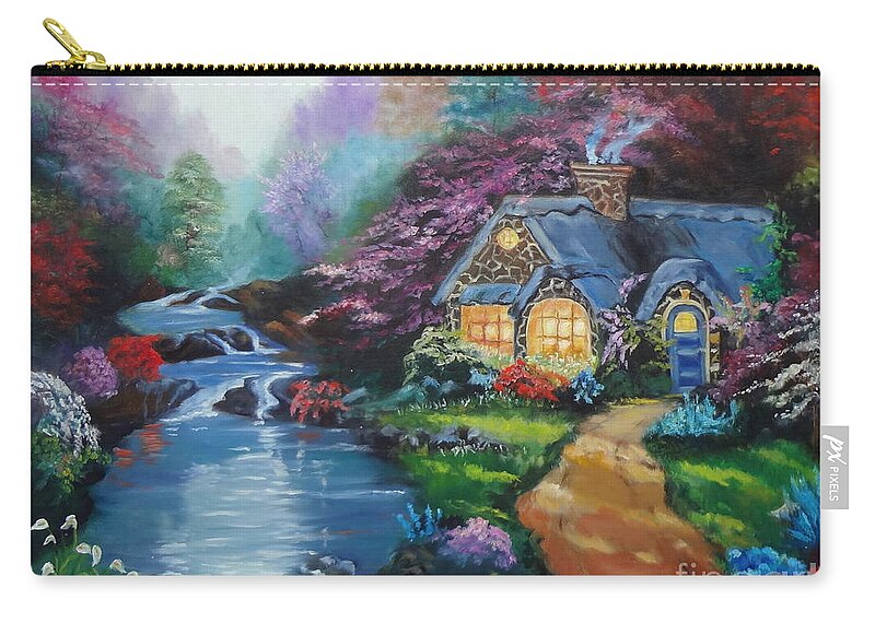Lit Cottage Zip Pouch featuring the painting Reflections Cottage by Jenny Lee