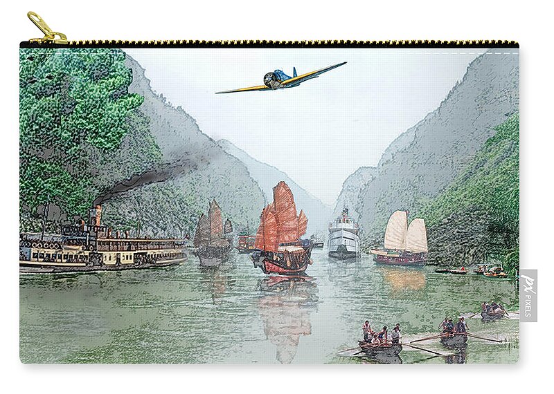 Boats Zip Pouch featuring the digital art Refugees on the Yangtze by Steve Karol
