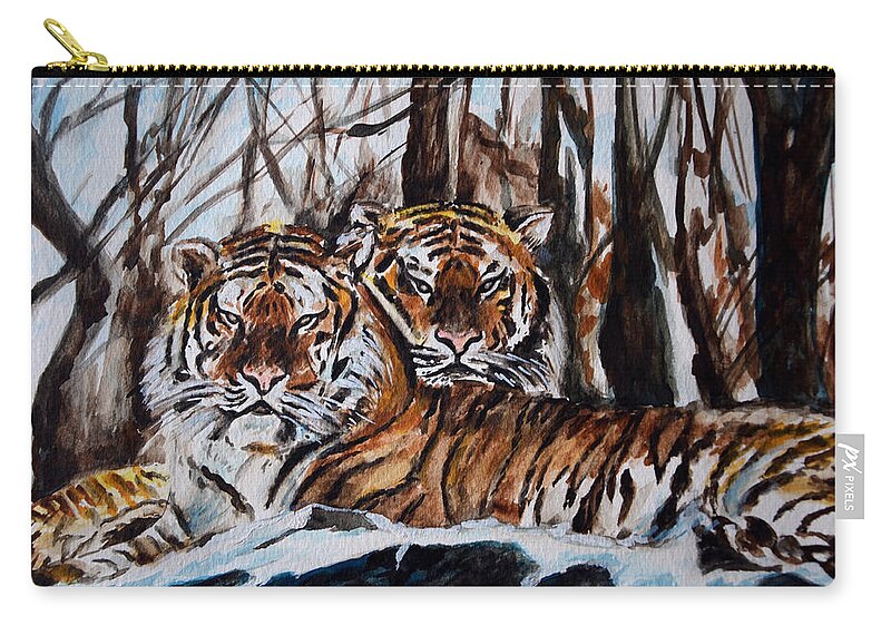 Tiger Zip Pouch featuring the painting Resting by Harsh Malik