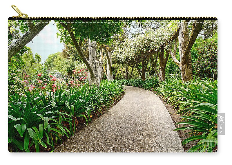 Garden Walkway Zip Pouch featuring the photograph Return to Eden - Beautiful walkway towards a lush garden with blooming flowers. by Jamie Pham