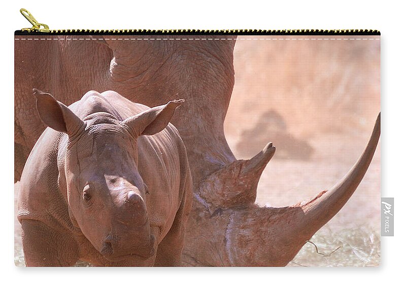 Grass Zip Pouch featuring the photograph Rhinoceros With Calf by Photo By Martin Heigan.