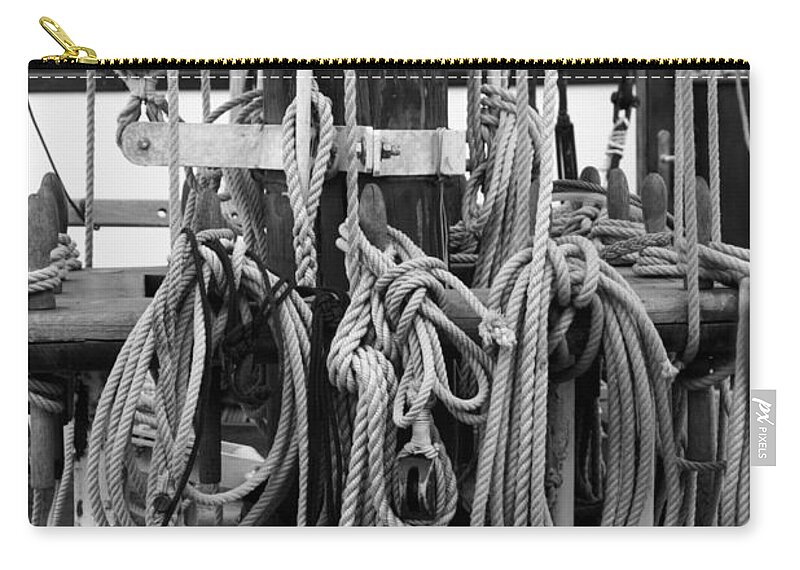 Belaying Pin Zip Pouch featuring the photograph Rigging on a tall ship - monochrome by Ulrich Kunst And Bettina Scheidulin