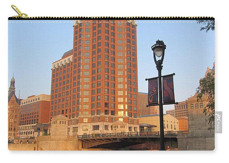 Milwaukee Zip Pouch featuring the photograph Riverwalk and Lamp Post by Anita Burgermeister