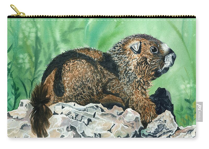 Marmot Zip Pouch featuring the painting RMBL Marmot by Barbara Jewell