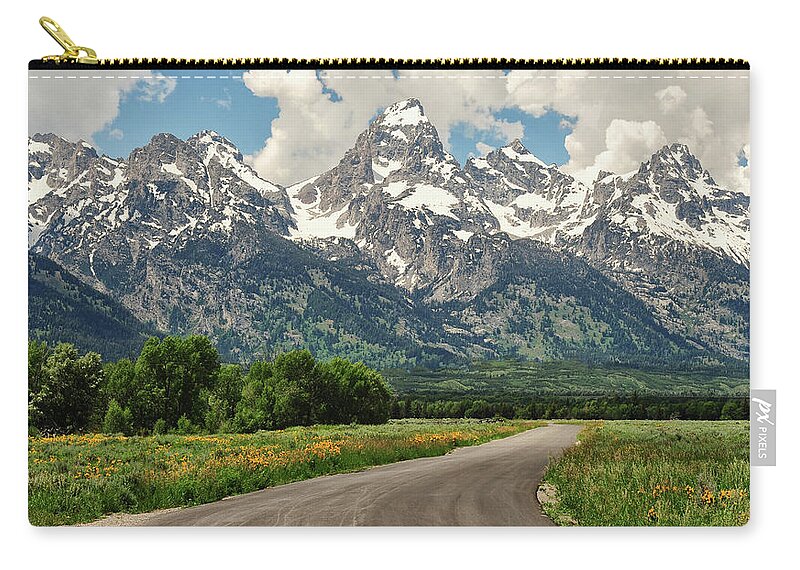 Tranquility Zip Pouch featuring the photograph Road To The Tetons by Jeff R Clow