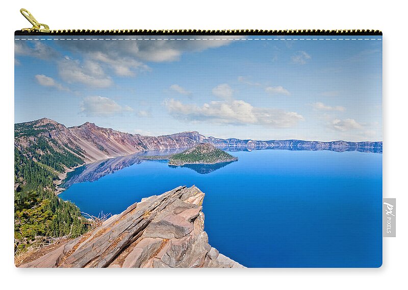Awe Zip Pouch featuring the photograph Rock Outcrop Overlooking Crater Lake by Jeff Goulden