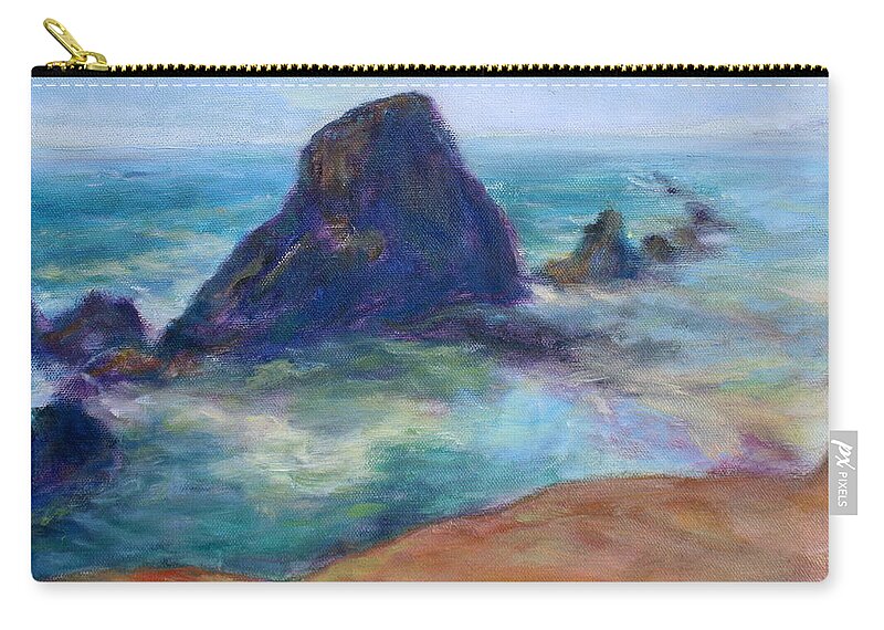 Seascape Zip Pouch featuring the painting Rocks Heading North - Scenic Landscape Seascape Painting by Quin Sweetman