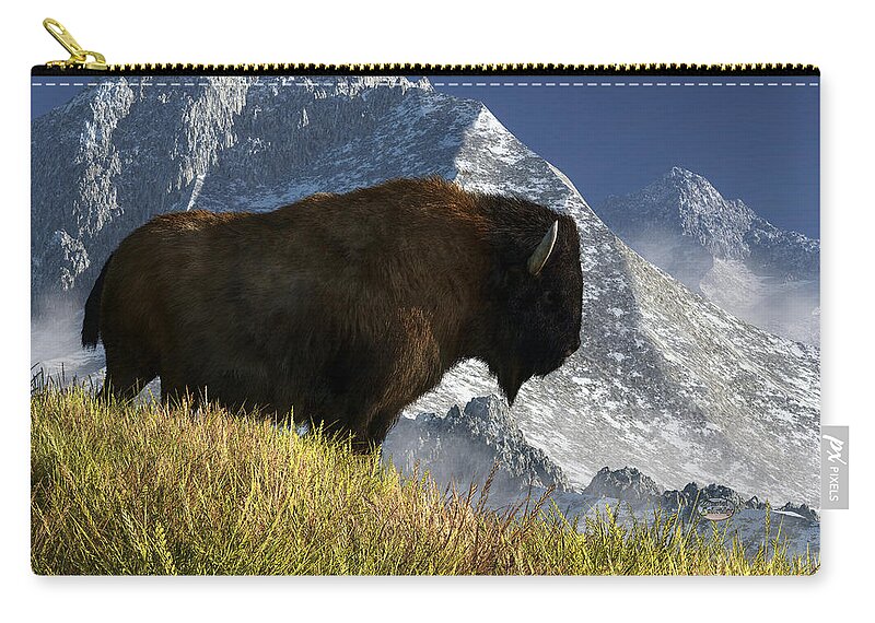 Bison Zip Pouch featuring the digital art Rocky Mountain Buffalo by Daniel Eskridge
