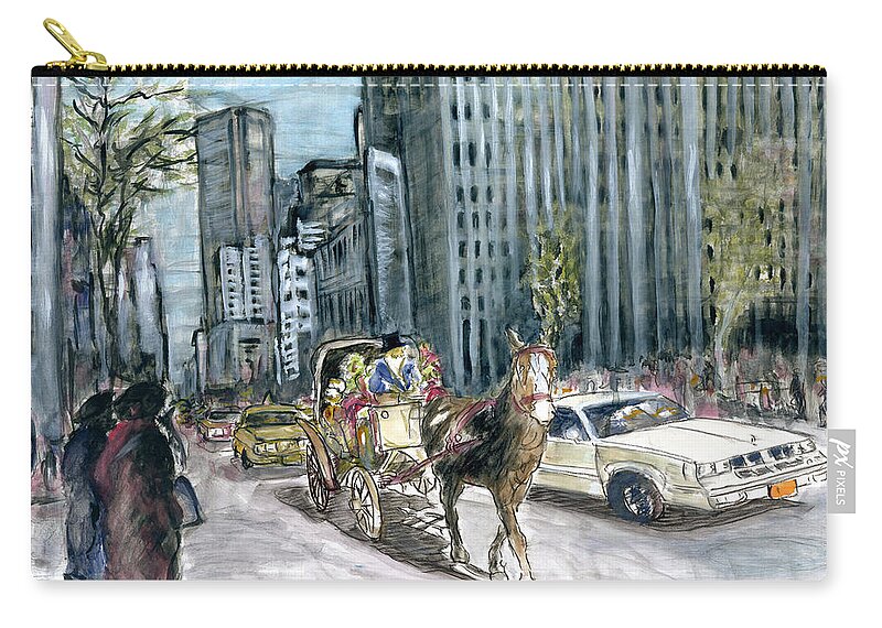 New+york Zip Pouch featuring the painting New York 5th Avenue Ride - Fine Art Painting by Peter Potter