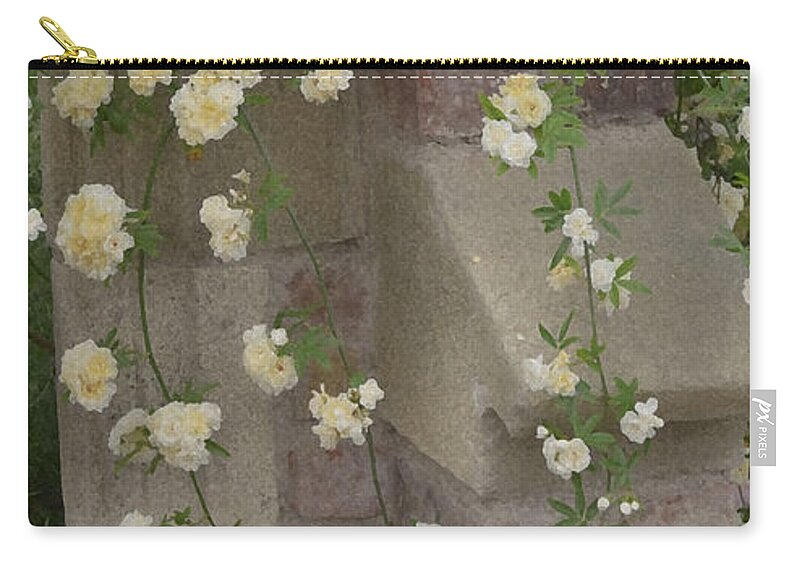 Evocative Zip Pouch featuring the photograph Rose Sprawling on Stone by Tom Wurl