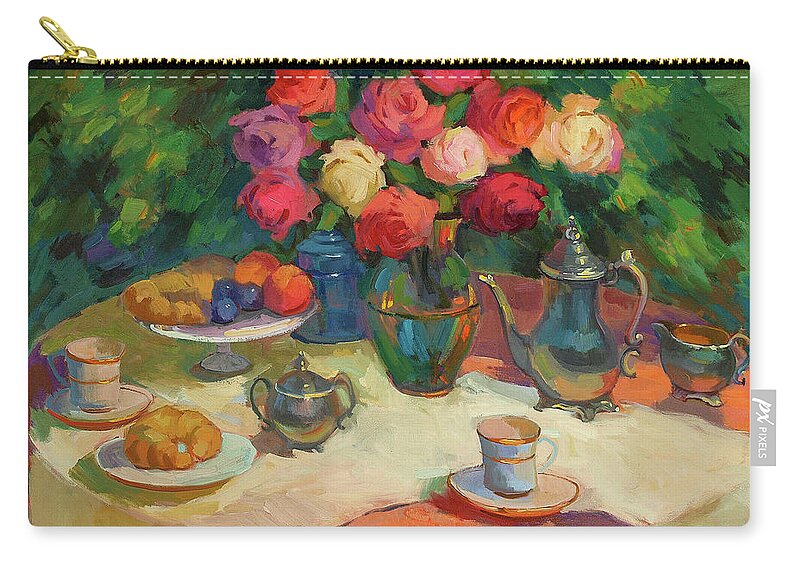 Roses And Tea Zip Pouch featuring the painting Roses and Tea by Diane McClary
