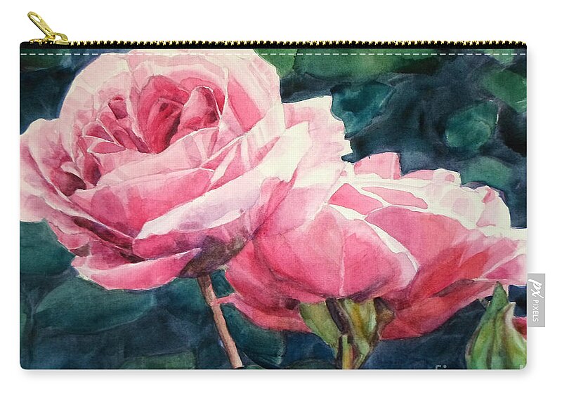 Watercolor Zip Pouch featuring the painting Watercolor of Two Luscious Pink Roses by Greta Corens