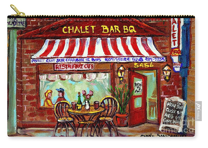 Montreal Zip Pouch featuring the painting ROTISSERIE LE CHALET BBQ RESTAURANT PAINTINGS STOREFRONTS STREET SCENES DINERS MONTREAL ART CSpANDAU by Carole Spandau
