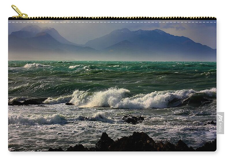 Rough Sea Zip Pouch featuring the photograph Rough Seas Kaikoura New Zealand by Amanda Stadther