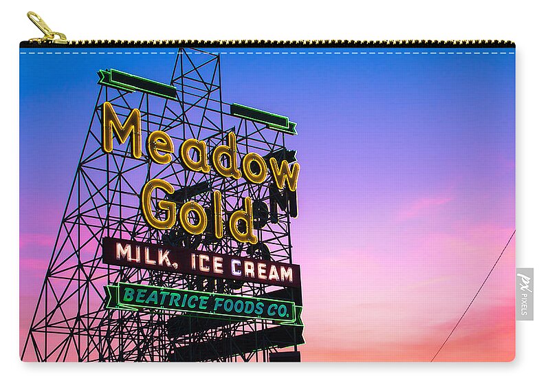 America Art Zip Pouch featuring the photograph Route 66 Meadow Gold Neon Sign - Tulsa Oklahoma by Gregory Ballos